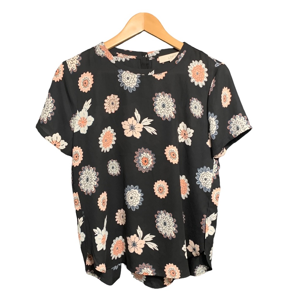 Loft Black & Pink Floral Short Sleeve Women's Blouse Size XS